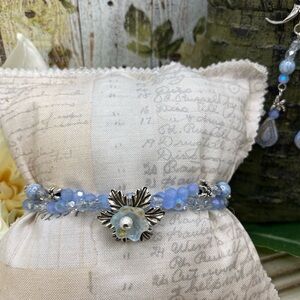Silver and Blue Czech Glass Floral Beaded Double Strand Bracelet and Earring Set